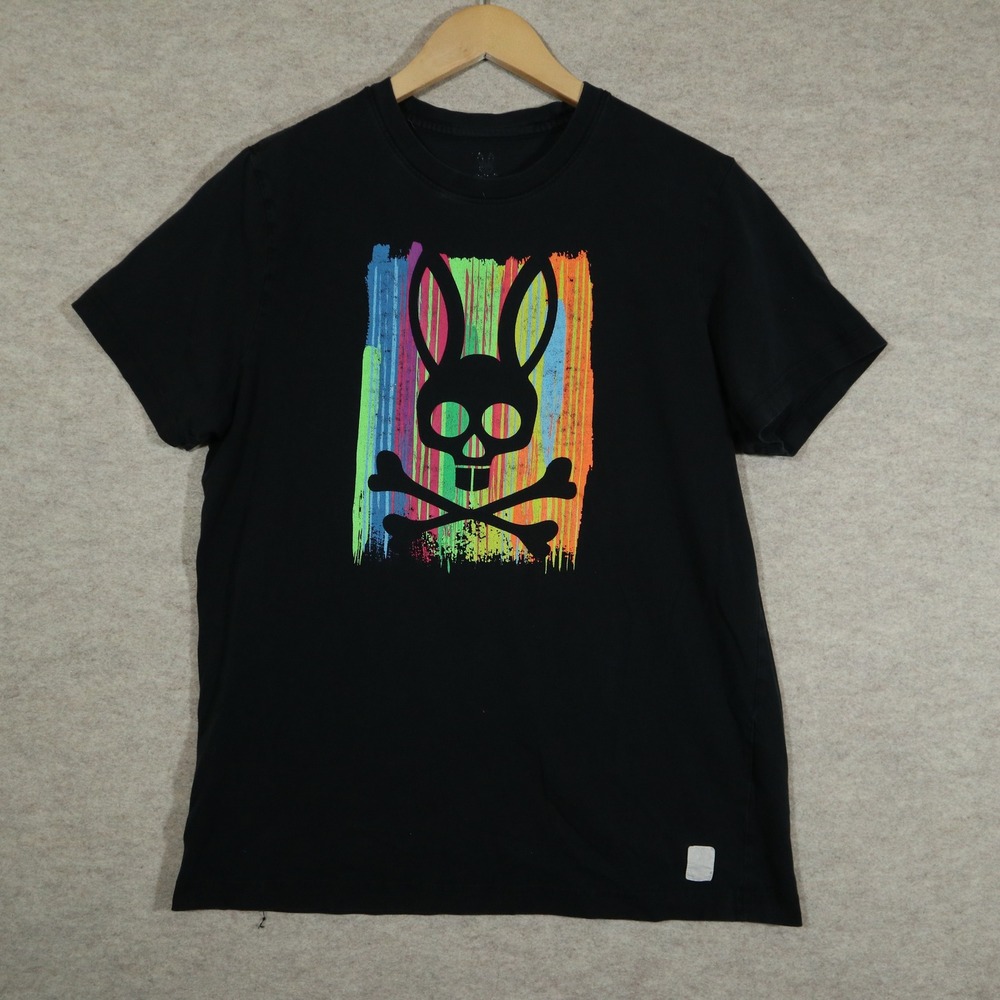 Psycho Bunny Mens Neon Paint Drip Skull Crossbones T-Shirt Black Size Medium